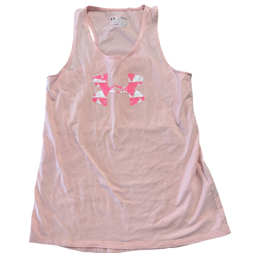 Under Armour Girls HeatGear Racerback Tank Top Pink Logo Graphic YLG Large